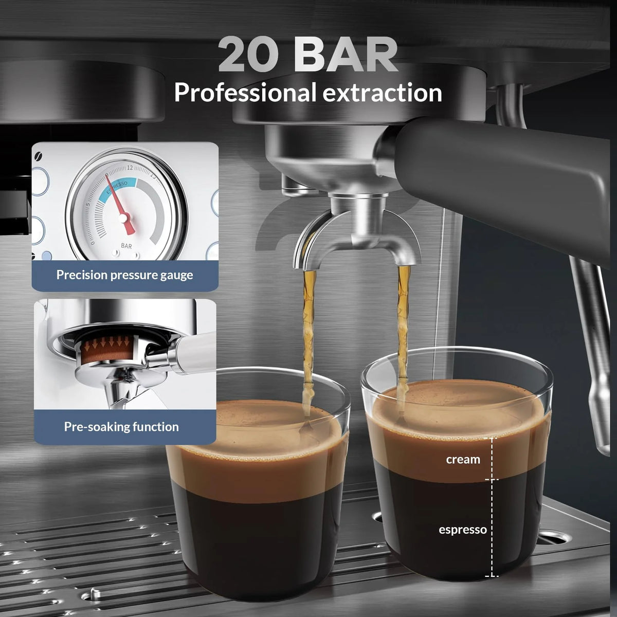 Danolapsi Espresso Coffee Machine,Espresso Machines with Grinder,20 Bar Professional Coffee Maker with Milk Frother Steam Wand,2.8L Water Tank,15 Grinding Setting Espresso Cappuccino/Latte Maker