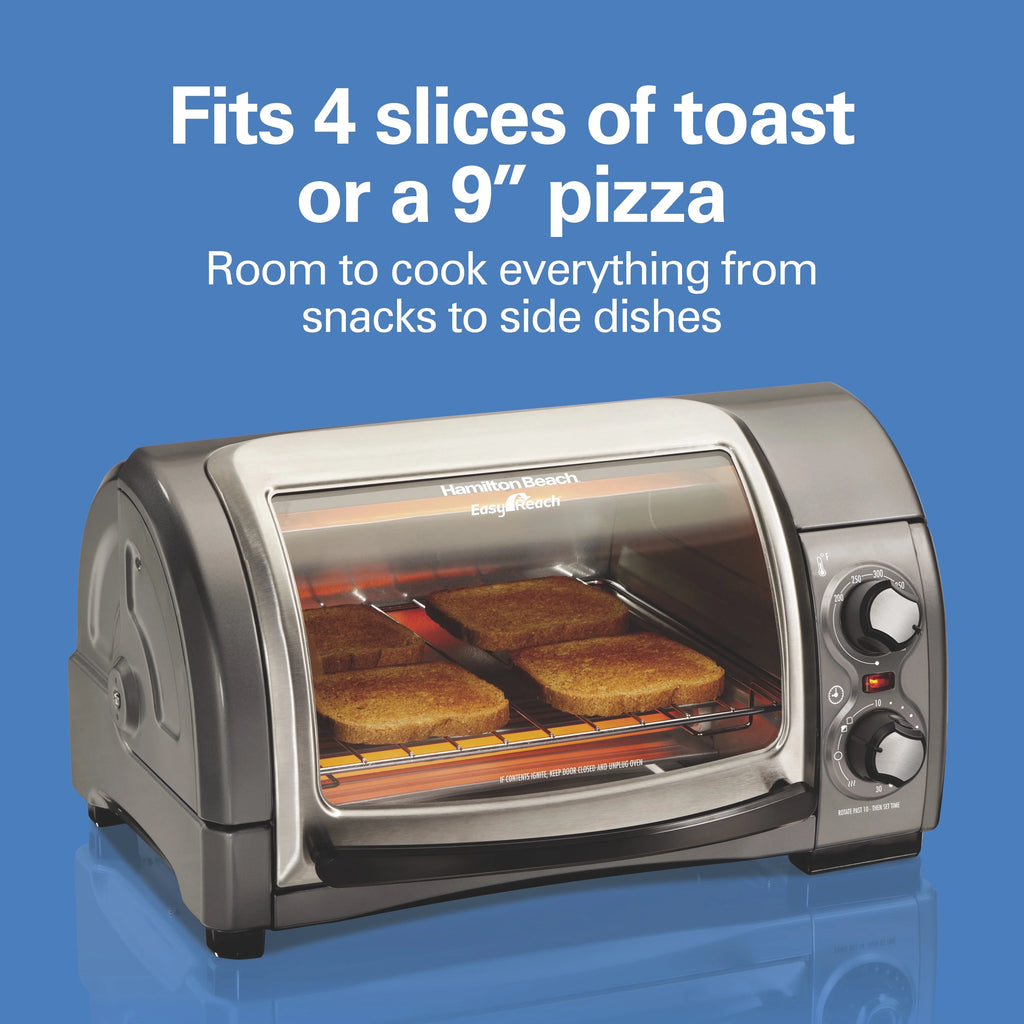 Hamilton Beach 4 Slice Countertop Toaster Oven with Easy Reach Roll-Top Door, Bake, Broil & Toast Functions, Silver