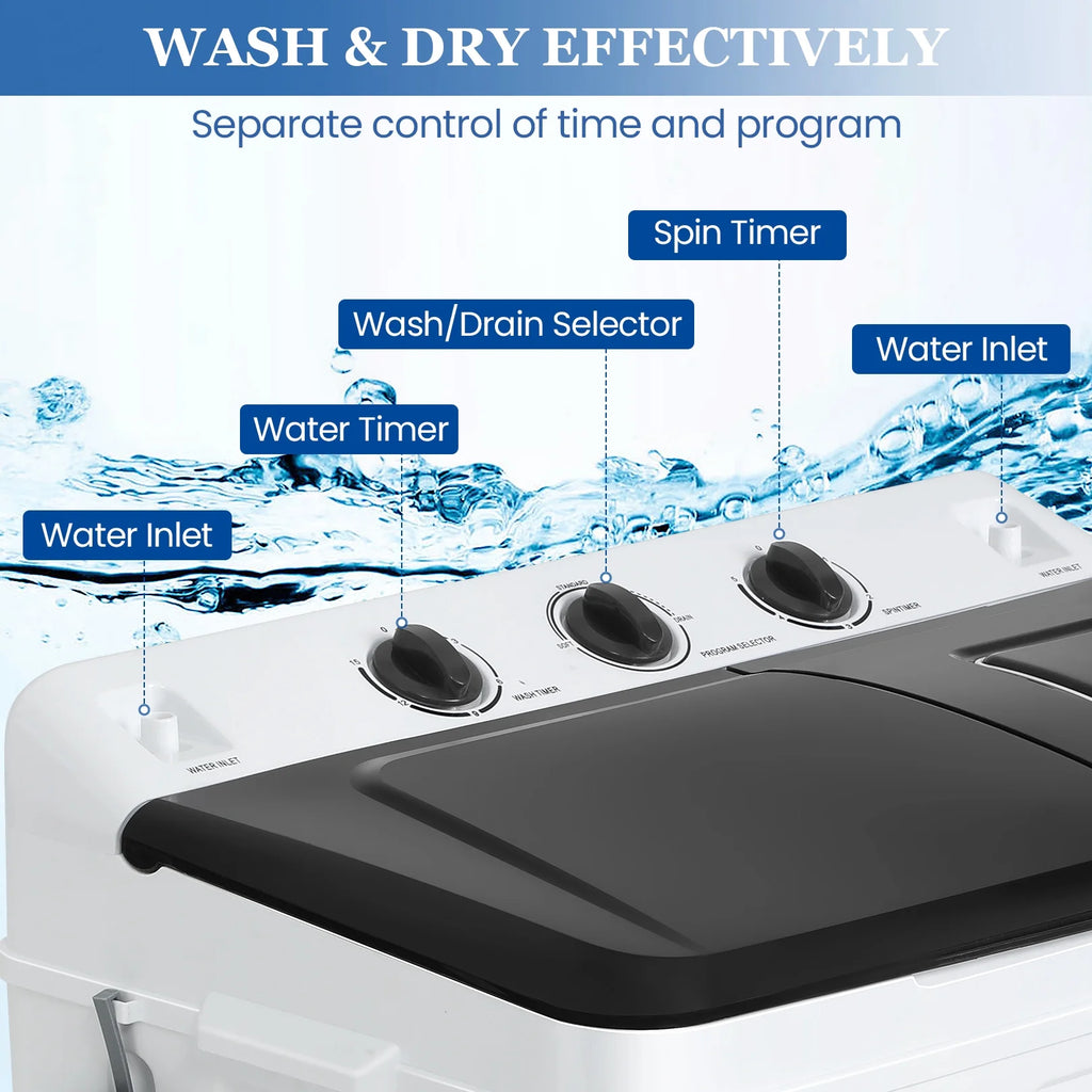 Qhomic Portable Washer 30lbs, 2-in-1 Twin Tub Washer & Dryer Combo Compact Semi-Automatic Washing Machine with Drain Pump, Black