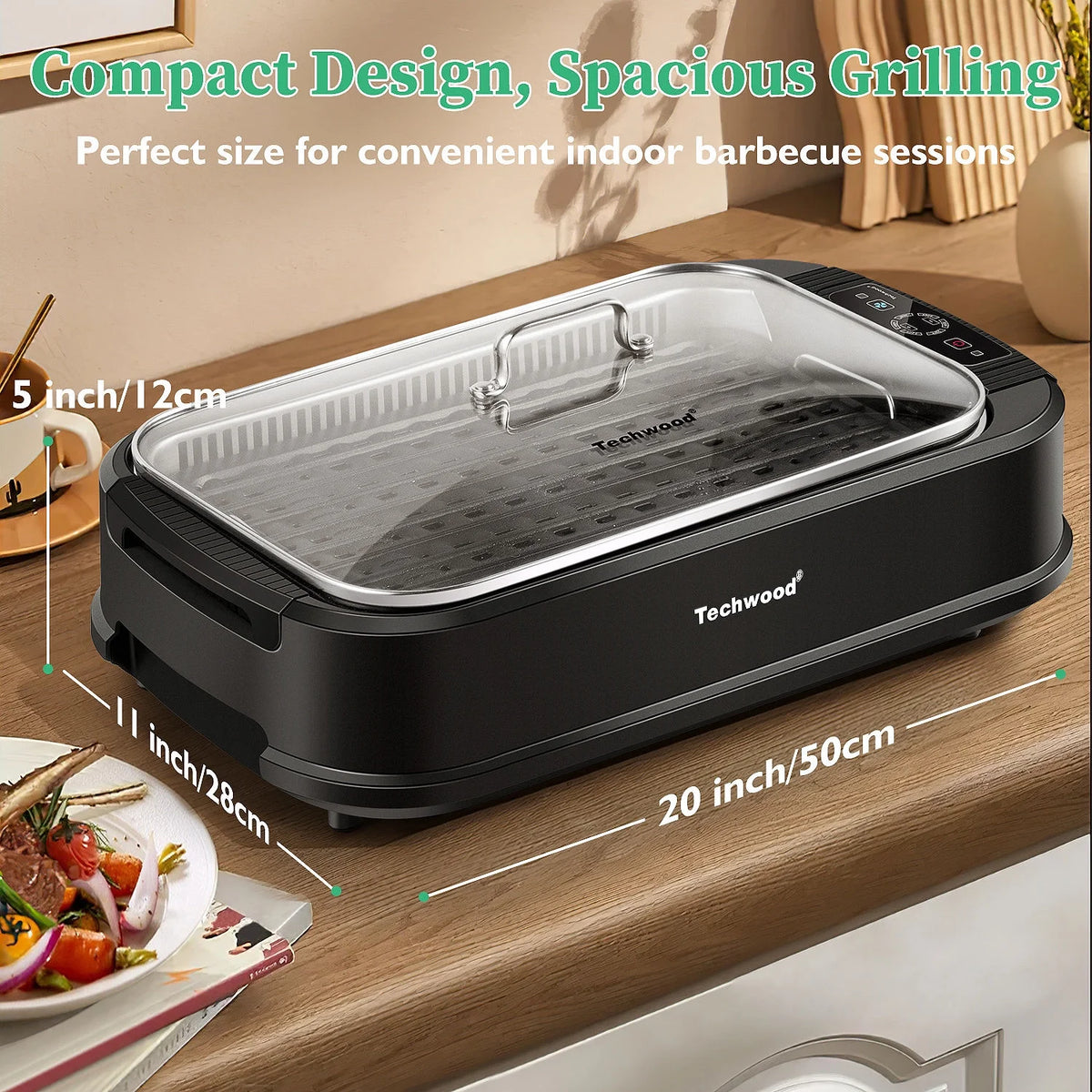 Techwood Indoor Smokeless Grill, 1500W, Black, Electric Portable Korean BBQ Grill with Tempered Glass Lid