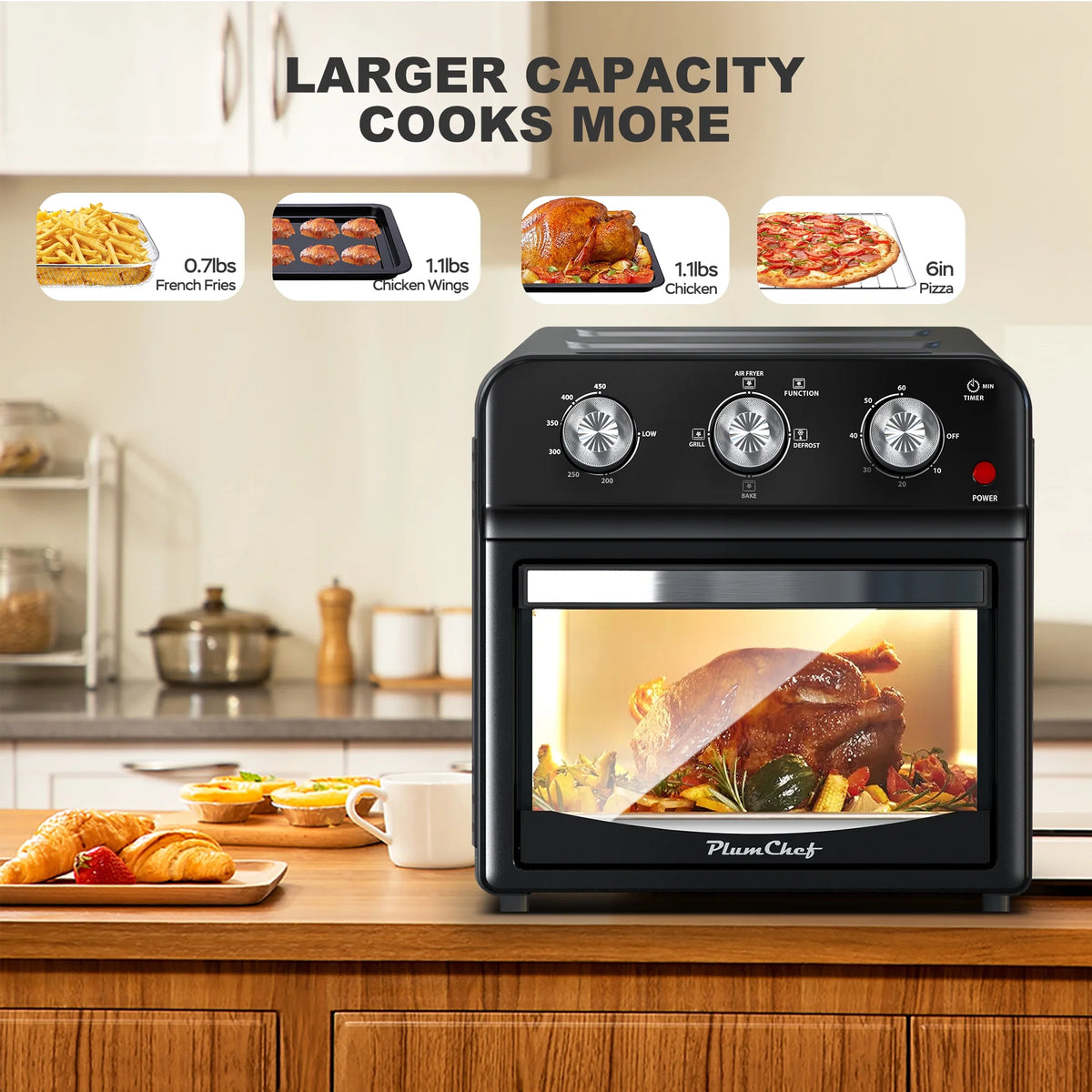 PlumChef 13 Quart 4 Slices Air Fryer Convection Toaster Oven, 1500W, 7 in 1 Multifunction with Roast, Bake, Grill, Broil, Toast, Dehydrate, Defrost, Stainless Steel