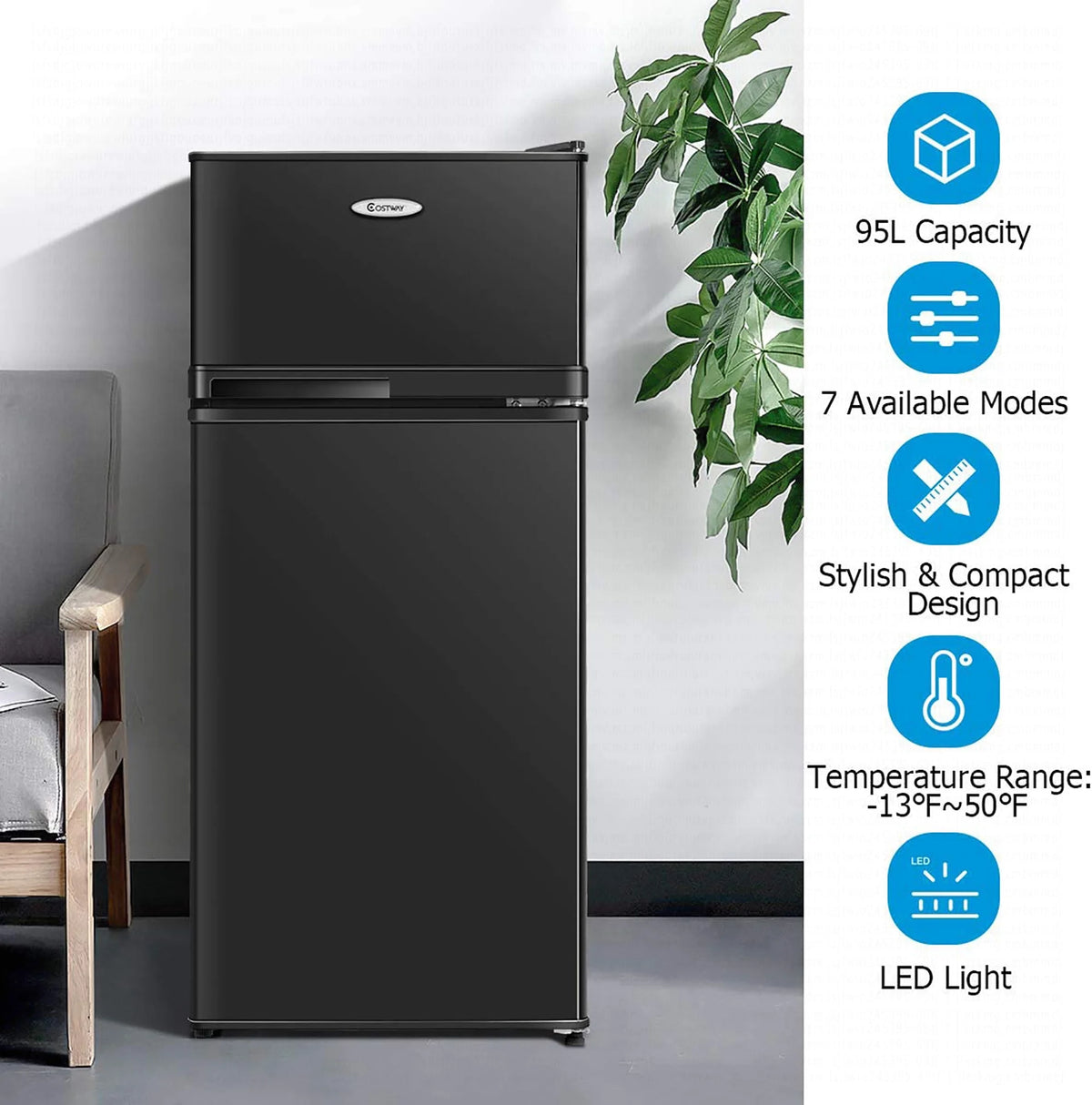 Costway 2 Doors 3.4 cu ft. Unit Compact Mini Refrigerator Freezer Cooler
