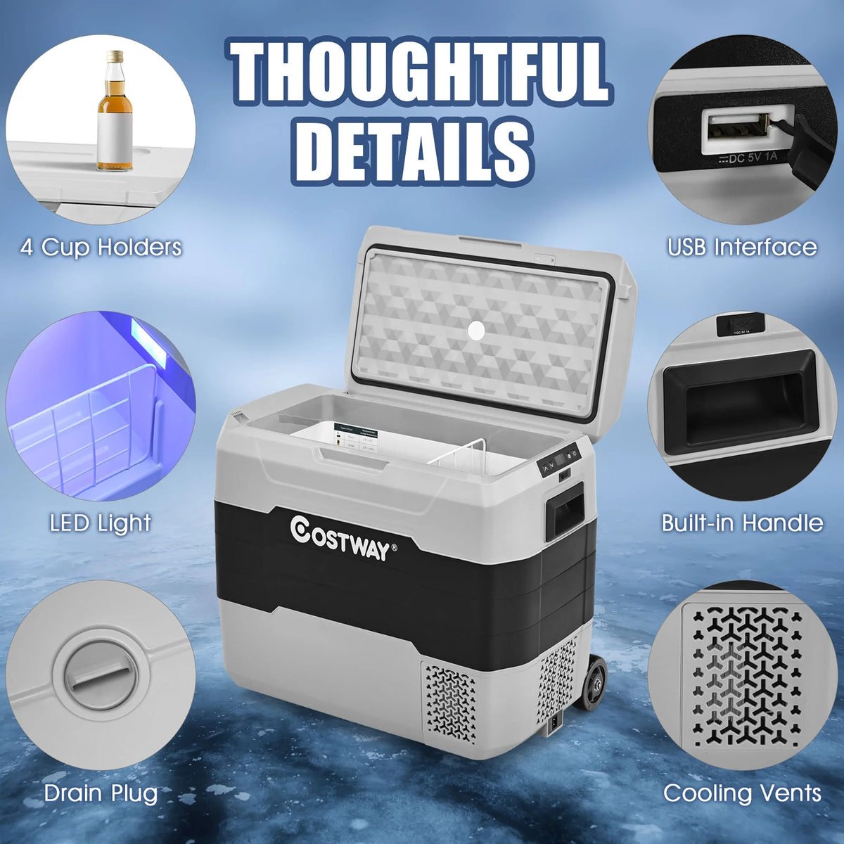 Costway 53 qt Wheeled Corded Electric Dual-Zone Portable Car Refrigerator, White