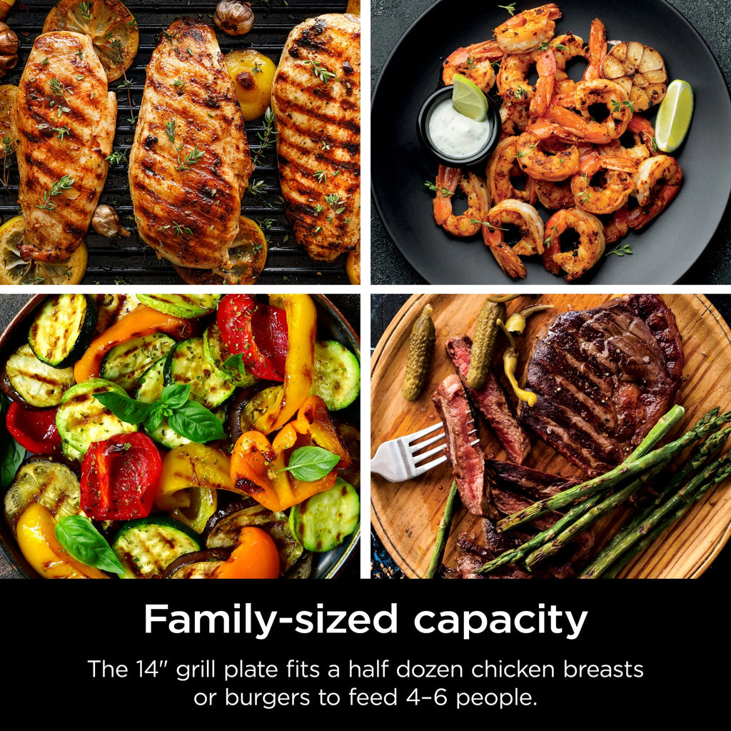 Ninja Sizzle Indoor Grill, 14'' Nonstick Grill Plate, Dishwasher-Safe Removable Mesh Lid, Even Edge-to-Edge Cooking, Black/Silver, GR100