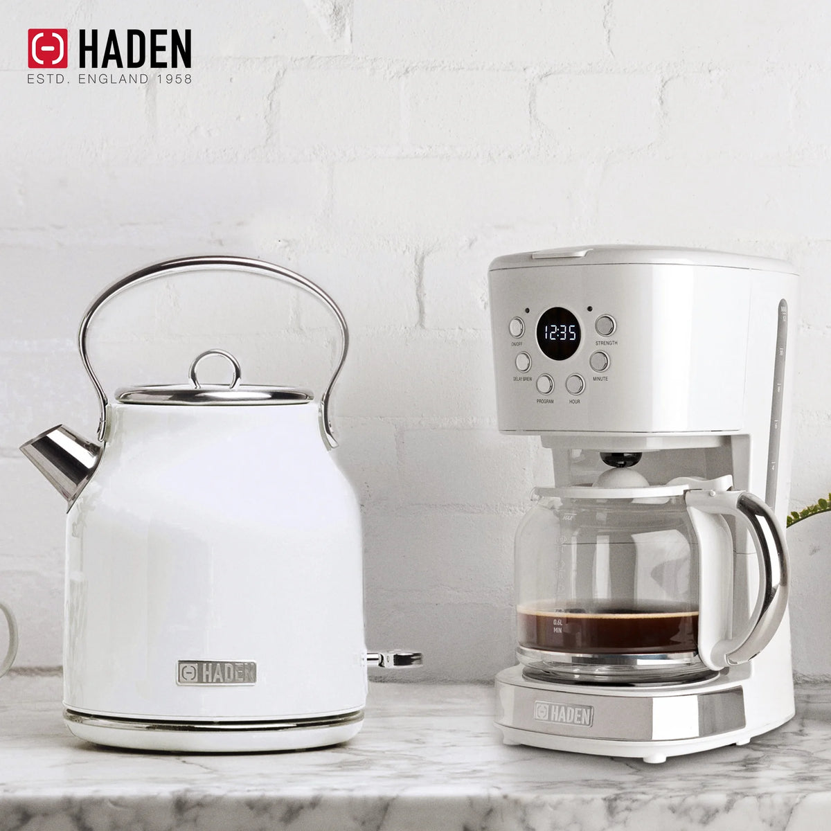 Haden Coffee Maker & Heritage 1.7 Liter Electric Kettle, Black & Chrome