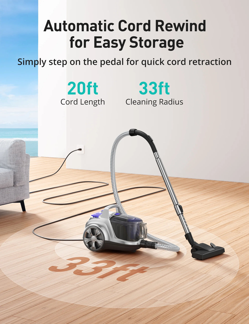 Canister Vacuum Cleaner, 30Kpa Powerful Suction, Bagless with 3.7QT Large Dust Cup, Auto Cord Rewind, HEPA Filter, 5 Attachments, Lightweight Vacuum for Pet Hair, Hard Floors & Car