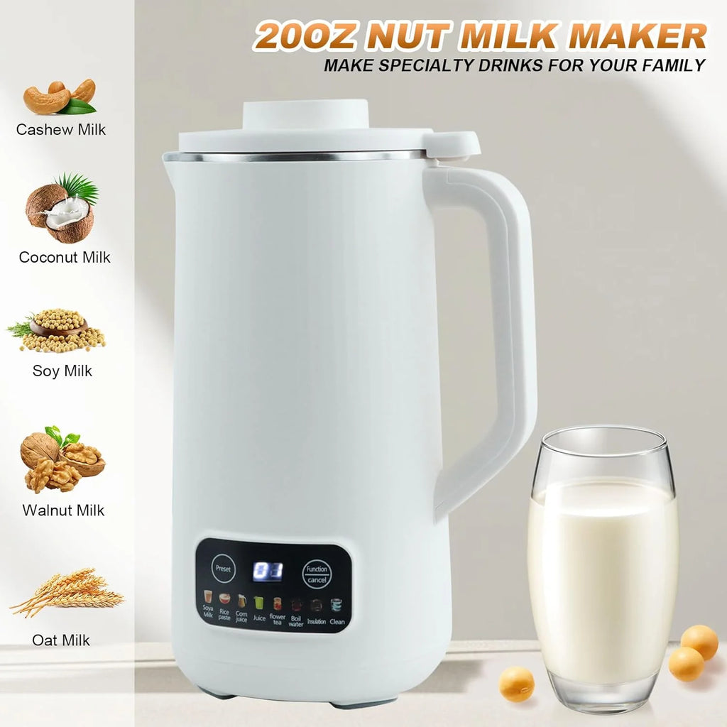 Nut Milk Maker Machine, 20 oz Automatic Milk Machine with 10 Blades, Plant-Based Milk, Oat, Soy, Dairy Beverages, Soy Milk Maker with 12 Hours Timer/Keep Warm/Auto-clean(White)