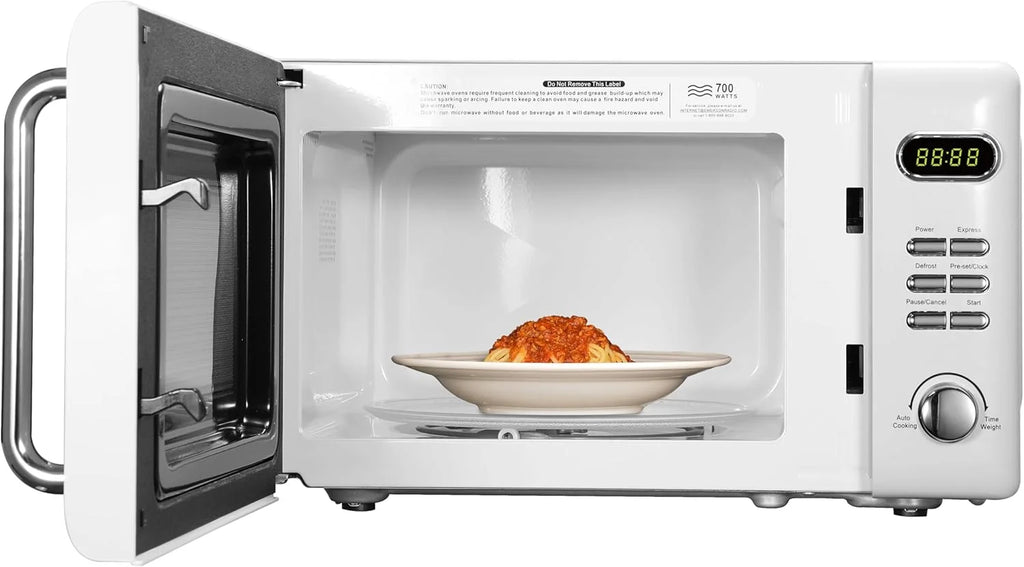 Countertop Microwave Oven with Push Button Control, LED Display, 700W 5 Power Levels, 8 Auto Menus, Glass Turntable and Child Safety Lock, 0.7-inch��Thunderbird Blue