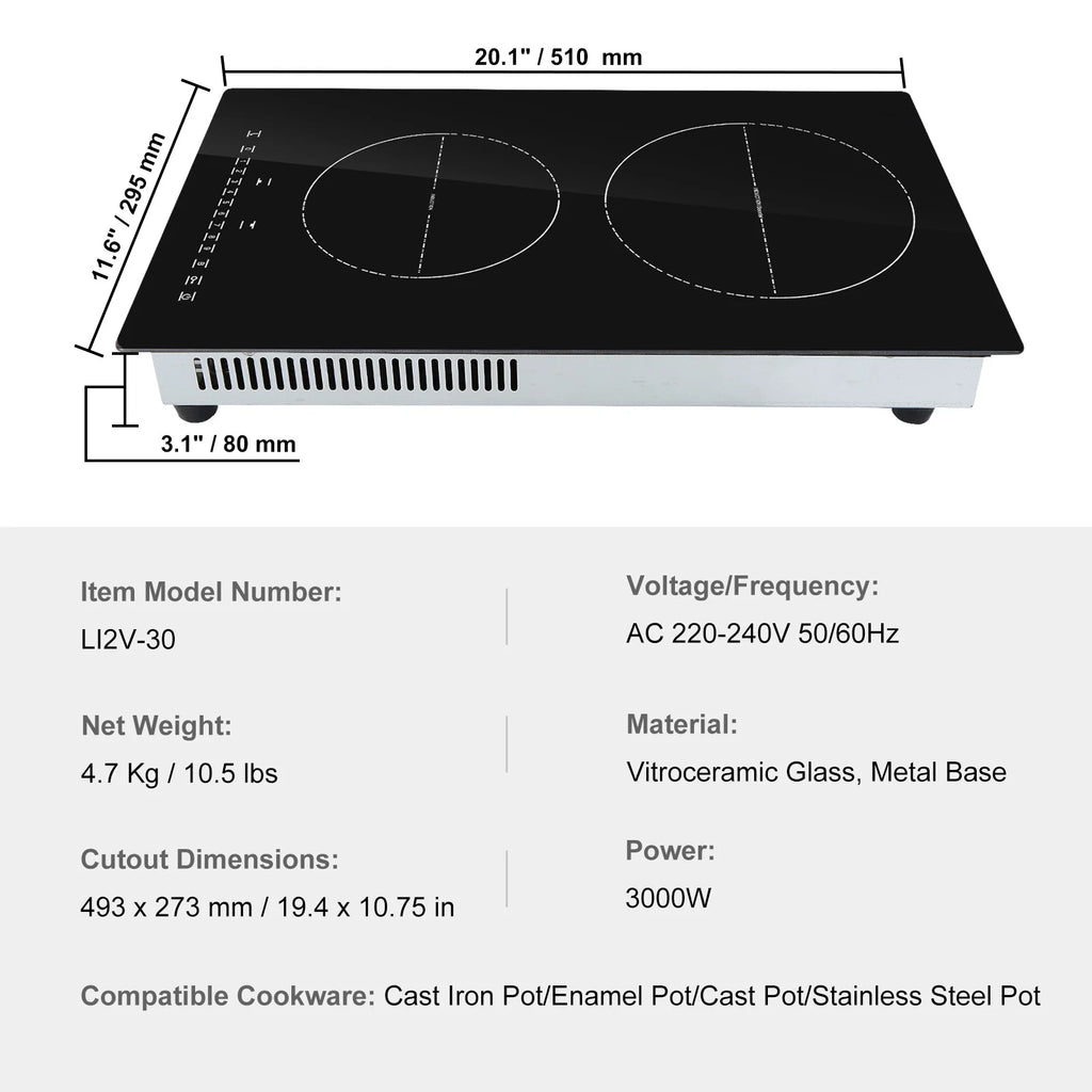 KFFKFF 12'' Built-in Induction Electric Stove Top ,2 Burners Multifunctional Burner Electric Cooktop,9 Heating Level & Sensor Touch Control, Easy to Clean Ceramic Glass Surface