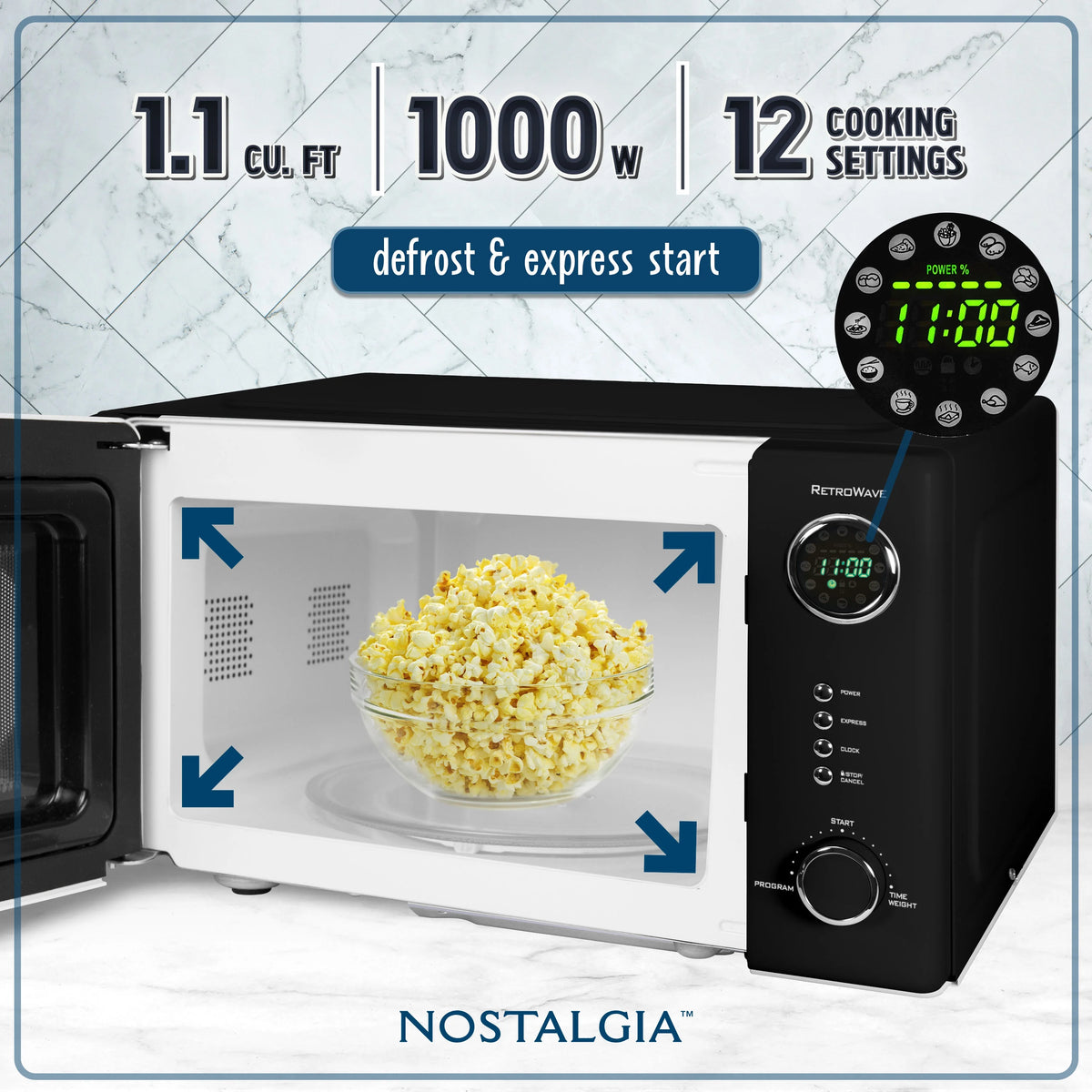 Nostalgia Retro Countertop Microwave Oven - Large 1000-Watt - 1.1 cu ft - 12 Pre-Programmed Cooking Settings - Digital Clock - Kitchen Appliances - Black