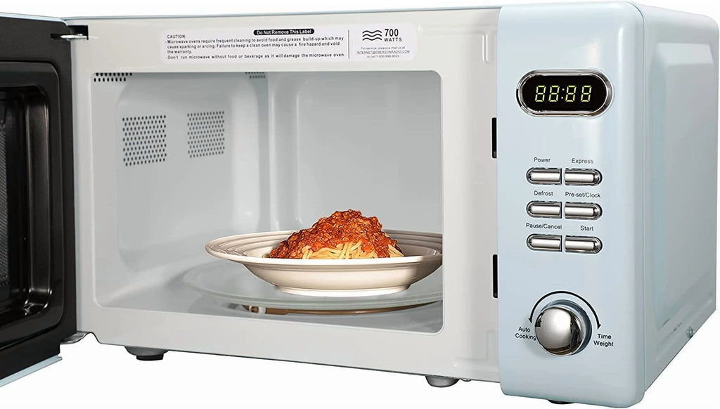 Countertop Microwave Oven with Push Button Control, LED Display, 700W 5 Power Levels, 8 Auto Menus, Glass Turntable and Child Safety Lock, 0.7-inch��Thunderbird Blue