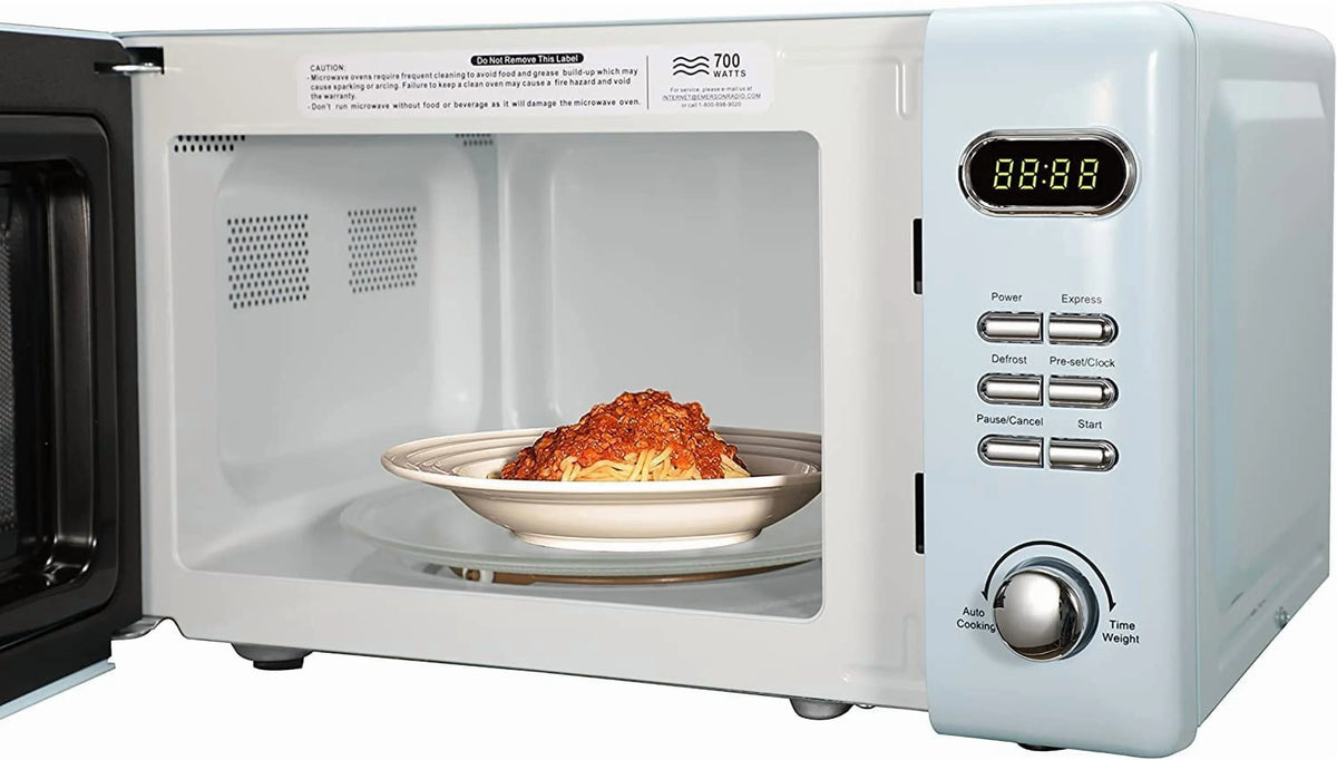 Countertop Microwave Oven with Push Button Control, LED Display, 700W 5 Power Levels, 8 Auto Menus, Glass Turntable and Child Safety Lock, 0.7-inch��Thunderbird Blue
