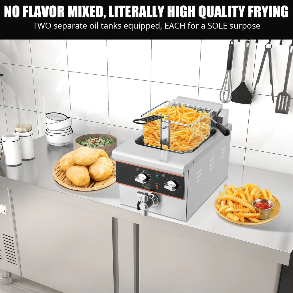 Aoile 6.3 Qt Commercial Electric Deep Fryer with Basket, Timer & Drain, Countertop Oil Fryer in Stainless Steel