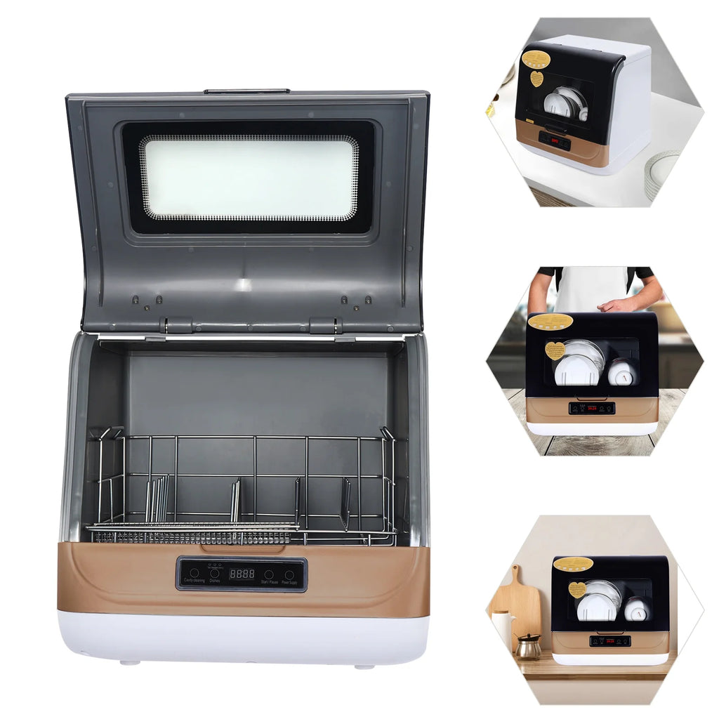 Non-Installation Compact Dishwasher, 4-6 Sets Capacity, 99.9% Sterilization, Black/White/Gold, 800W, for Home Use