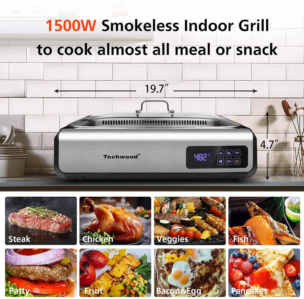 Techwood Indoor Smokeless Grill, 1500W, Black, Electric Portable Korean BBQ Grill with Tempered Glass Lid