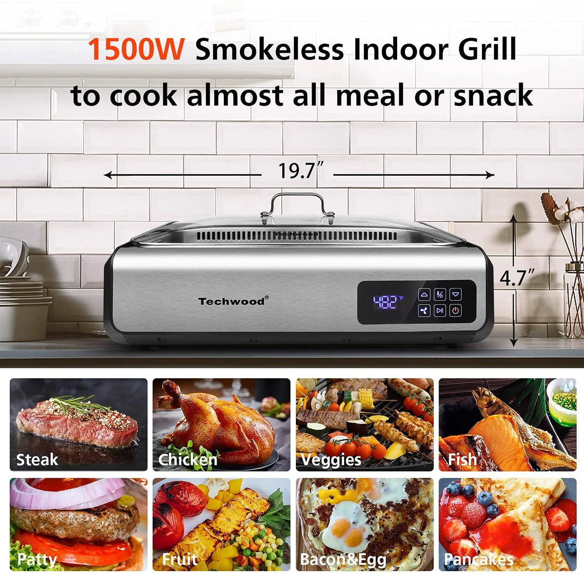 Techwood Indoor Smokeless Grill, 1500W, Black, Electric Portable Korean BBQ Grill with Tempered Glass Lid