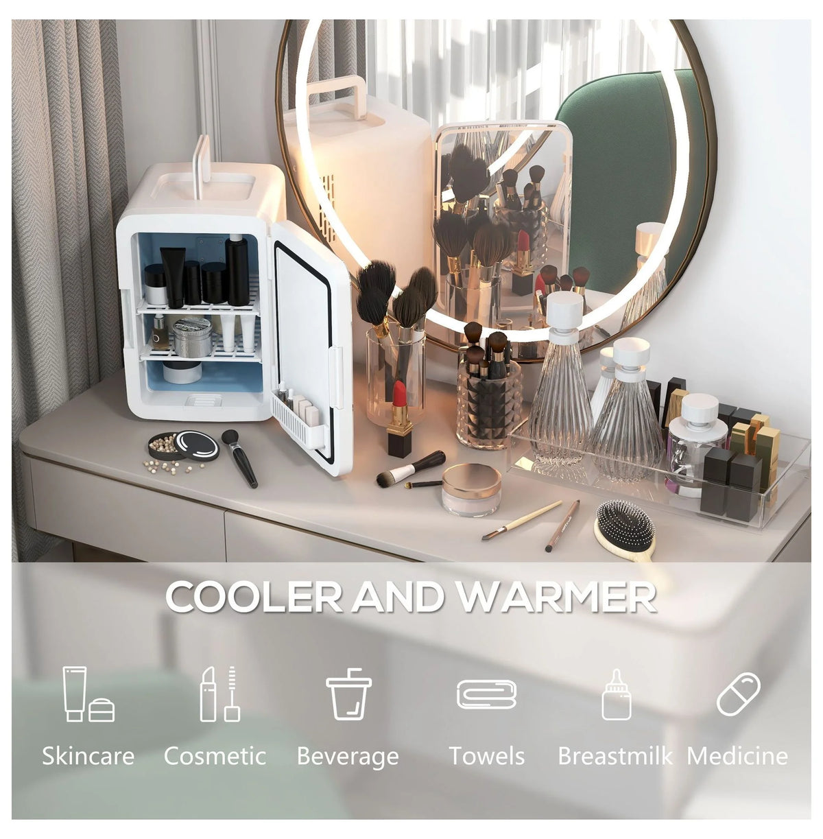 Skincare Fridge with Mirror - 10L Mini Beauty Refrigerator - Cooler & Warmer - LED Lighted - for Bedroom, Car, Skincare & Beverages - AC/DC Powered
