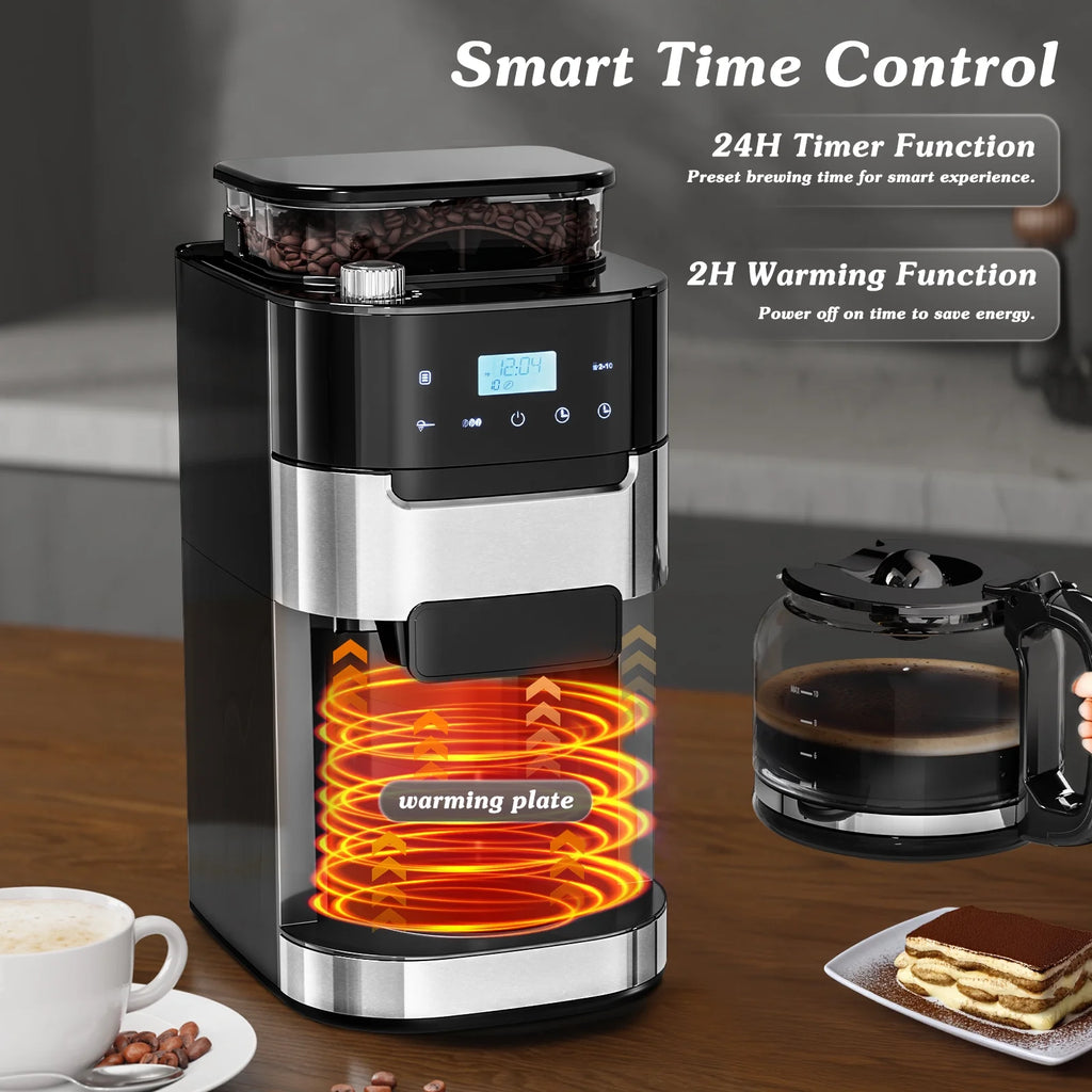 Auseo 10-Cup Drip Coffee Maker with Grinder, Grind and Brew Coffee Maker, 12-Hour Timer, 3 Brew Strength Options, Touch Screen, 1.5L Water Tank, Black