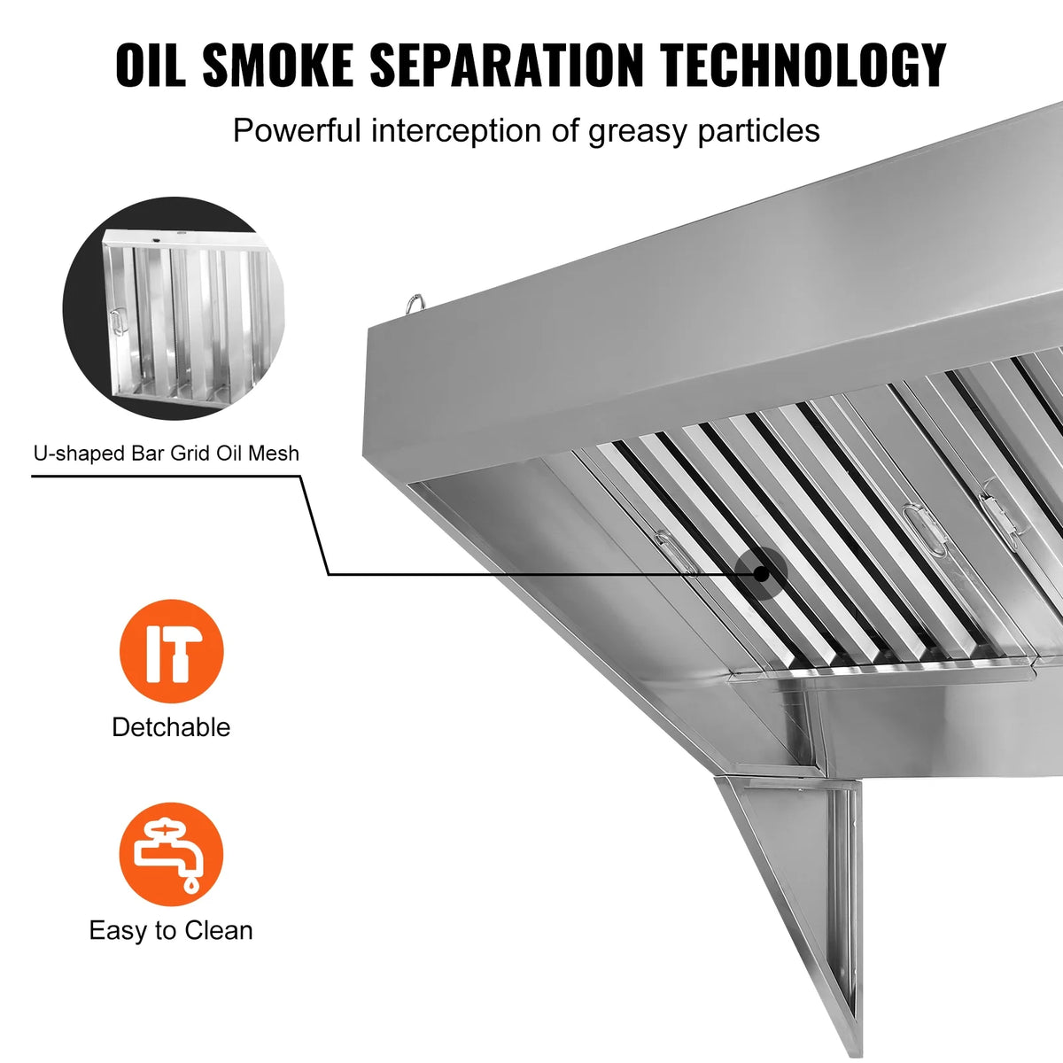 KFFKFF 8FT Range Hood, Stainless Steel Commercial Exhaust Hood, with Rust-Proof Construction and 4 Removable U-shaped Oil Filtration Meshes, Designed for Food Trucks and Concession Trailers