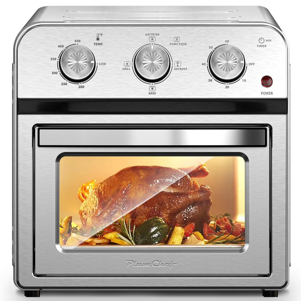 Plum Chef 13QT Air Fryer Toaster Oven Combo, 7-in-1 Multifunctional Countertop Oven with 360�� Hot Air Circulation for Healthy Oil-Free Cooking, Family Size, Stainless Steel, Silver