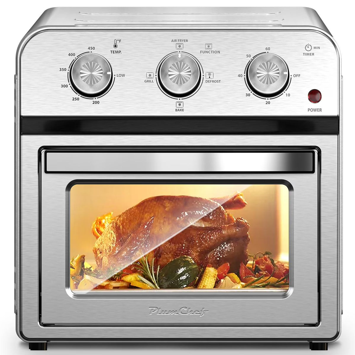 Plum Chef 13QT Air Fryer Toaster Oven Combo, 7-in-1 Multifunctional Countertop Oven with 360�� Hot Air Circulation for Healthy Oil-Free Cooking, Family Size, Stainless Steel, Silver
