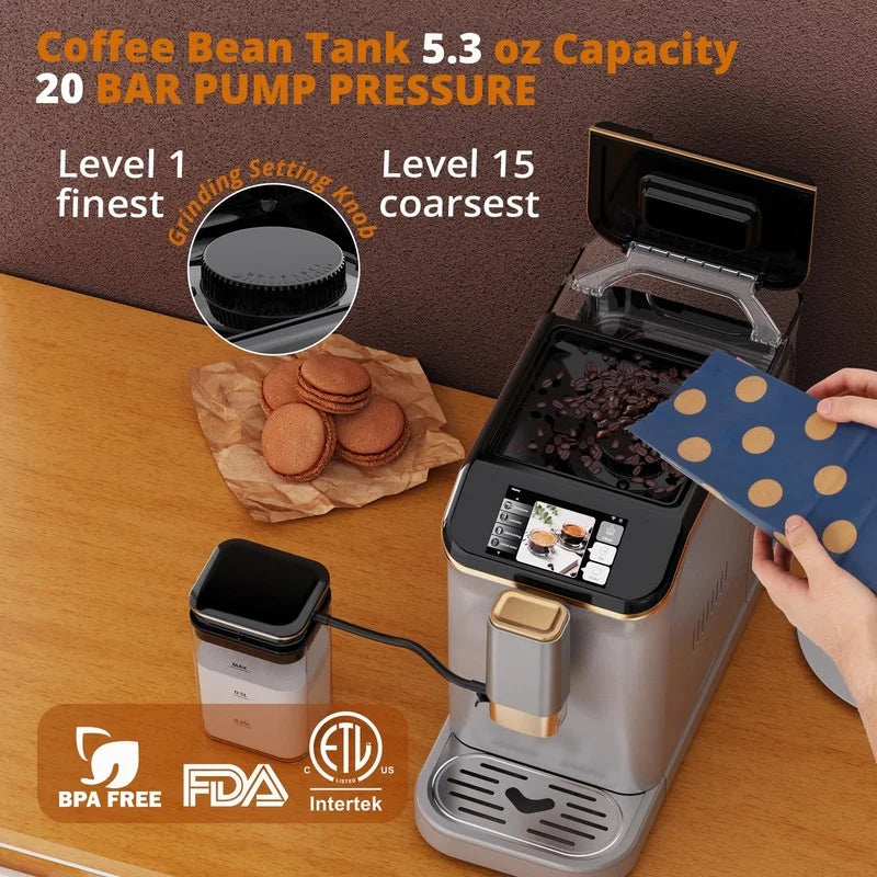 Towallmark 20 Bar Fully Automatic Espresso Machine, Built In Coffee Grinder & Milk Frother, 1.5L Removable Water Tank, Adjustable Shot Volume, For Home Office Use