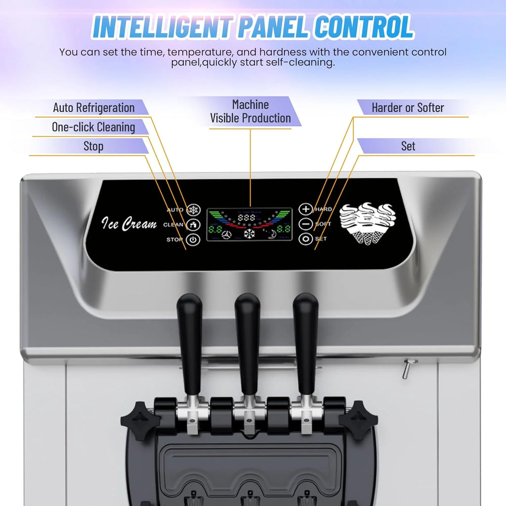 2200W Commercial Soft Ice Cream Machine 3 Flavors Clean Led Panel Perfect for Restaurants Snack Bar Supermarkets