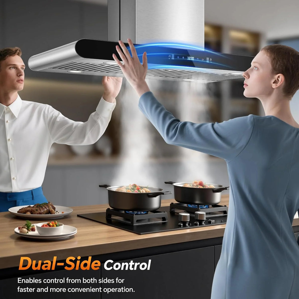 Island Range Hood 36 Inch, 700 CFM kitchen Hood with Dual-Sided Touch/Gesture/Remote Control, Ceiling Mount, Convertible Ducted/Ductless, 3-Speed Fan, 3 Stainless Steel Baffle Filters