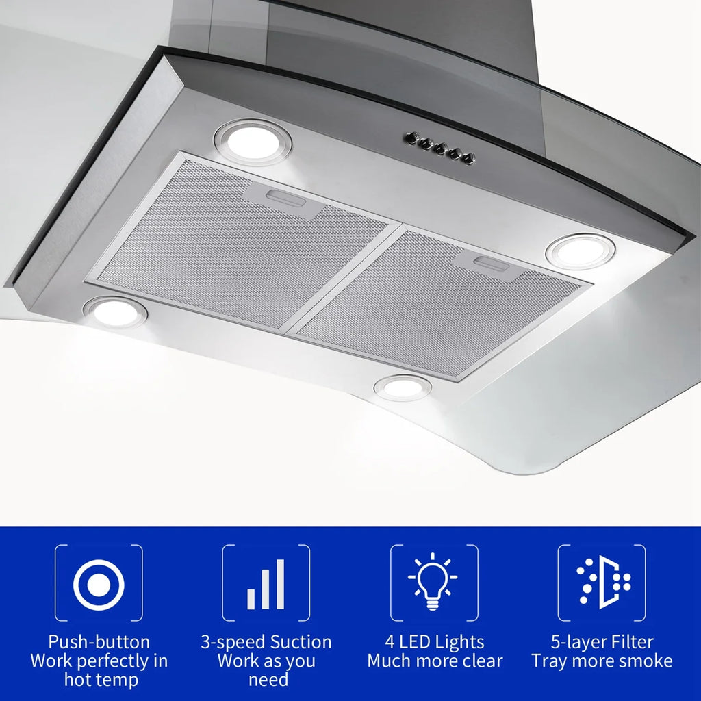 "Joeaonz 36"" Stainless Steel Island Mount Range Hood, Quiet 900CFM, 3-Speed Vent with Button Control and LED Bulb"
