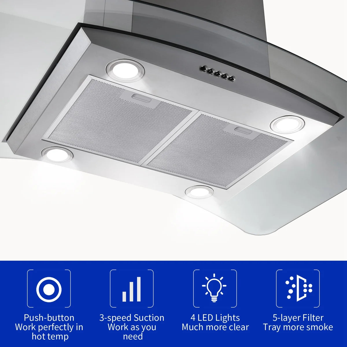 "Joeaonz 36"" Stainless Steel Island Mount Range Hood, Quiet 900CFM, 3-Speed Vent with Button Control and LED Bulb"