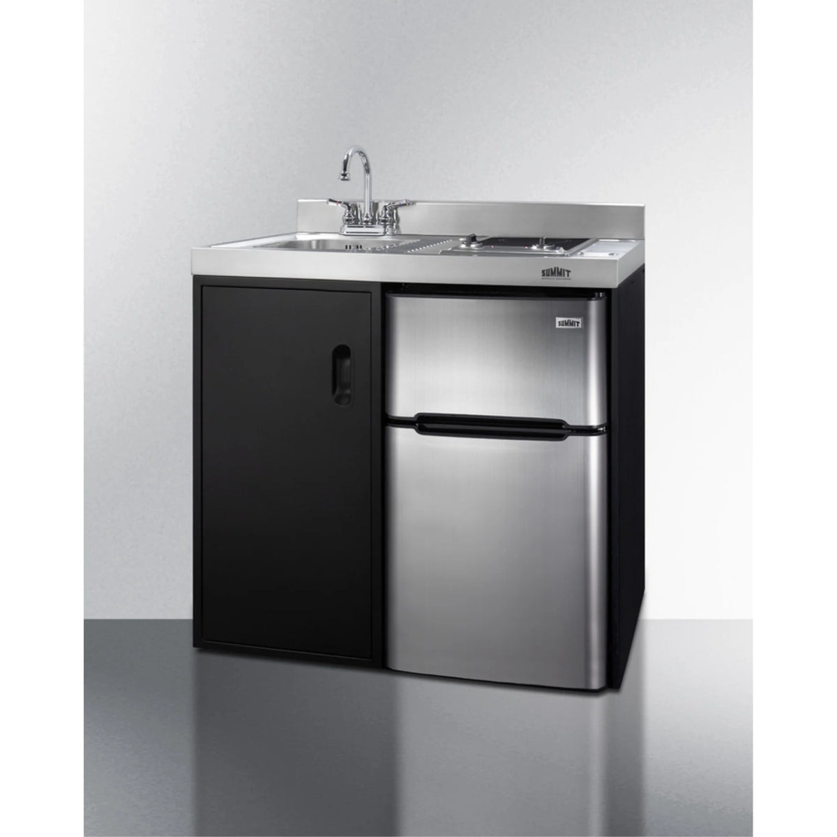 36" wide all-in-one kitchenette with 2-burner 115V smooth-top cooktop, refrigerator-freezer, sink, and storage cabinet