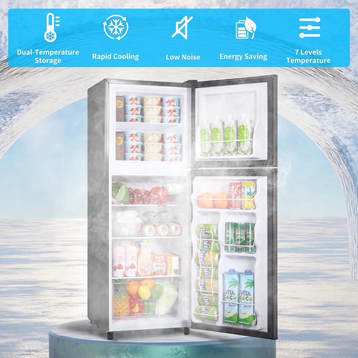 2 Door Mini Fridge with Freezer,4.5 Cu.ft.,5 Adjustable Thermostat & 4 Removable Glass Shelves