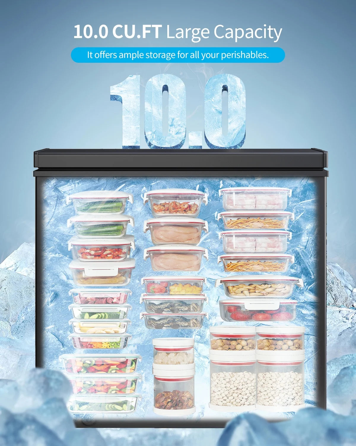 DISHUP 10.0 Cu.Ft Chest Freezer, Small Deep Freezer with Removable Basket, Adjustable Temperature, for Home/Office/Garage/Bar