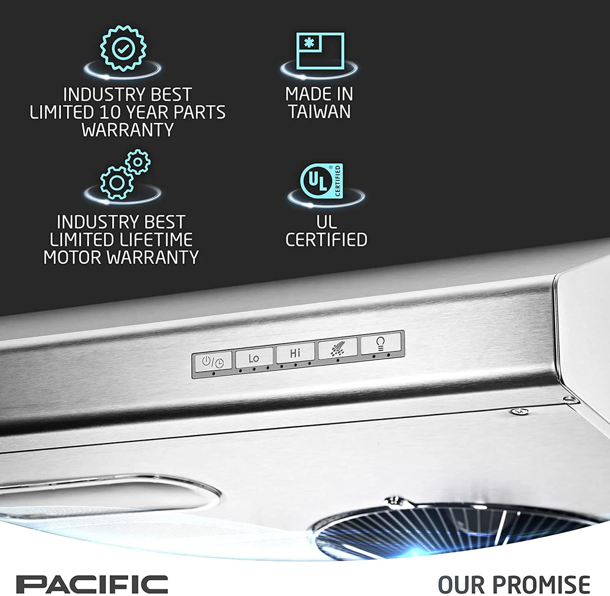 Pacific Kitchen Vent Hood AC3000BS �C 30 Inch Under Cabinet Range Hood �C Filterless Modern Stainless Steel Hood Vent with 900 CFM Suction, Dual Fans, LED Touch Controls and Auto-Clean Function