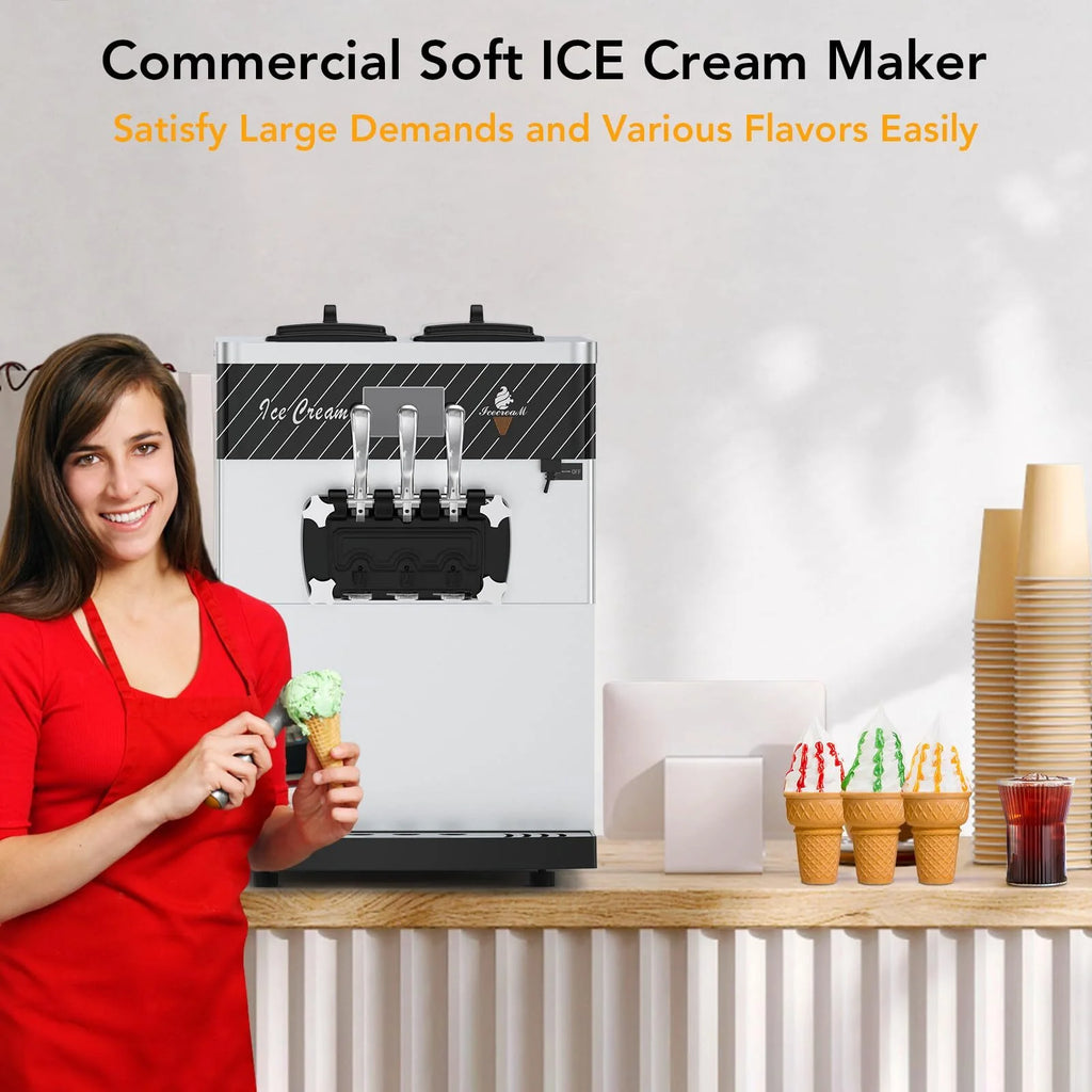Entcook 3 Flavors Commercial Ice Cream Maker, 5.8-8 Gal/H Countertop Soft Serve Ice Cream Yogurt Machine with LCD Display