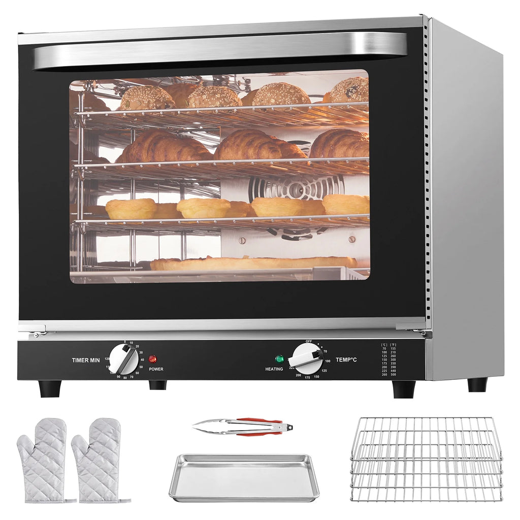 KFFKFF Professional Counter-Top Oven, 66L 4-Level Roasting Oven, 2800W Electrical Cooking Oven with Reinforced Glass Door, Wire Shelves, Clip Tray, Gloves, Stainless Steel Industrial Oven