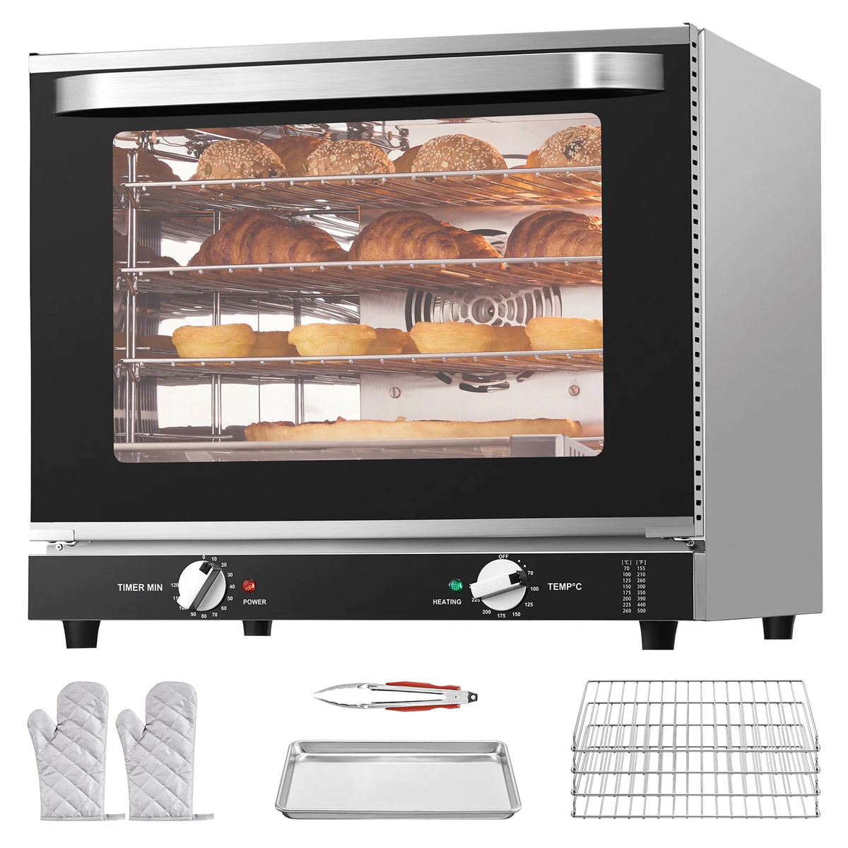 KFFKFF Professional Counter-Top Oven, 66L 4-Level Roasting Oven, 2800W Electrical Cooking Oven with Reinforced Glass Door, Wire Shelves, Clip Tray, Gloves, Stainless Steel Industrial Oven