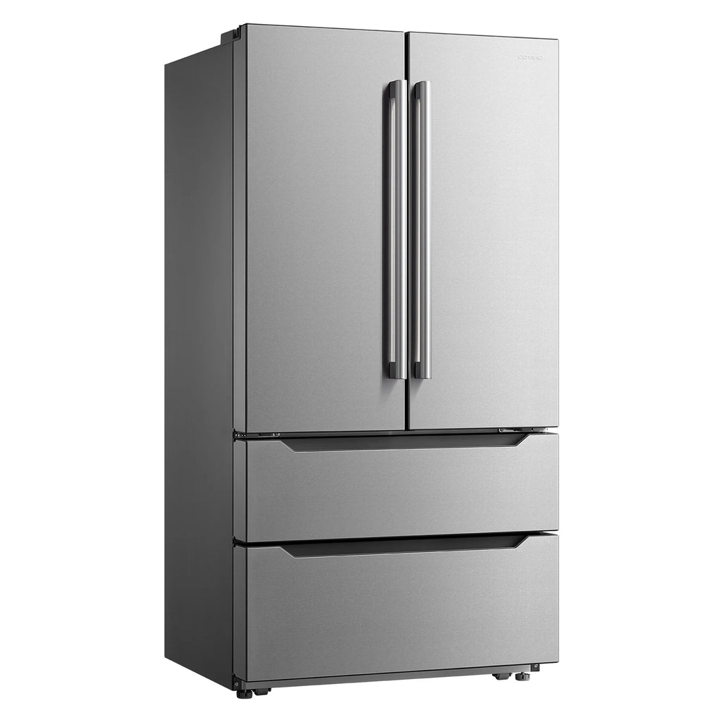 Cosmo 4 Piece Kitchen Appliance Package with 30" Freestanding Electric Range 30" Under Cabinet Range Hood 24" Built-in Integrated Dishwasher & French Door Refrigerator Kitchen Appliance Bundles