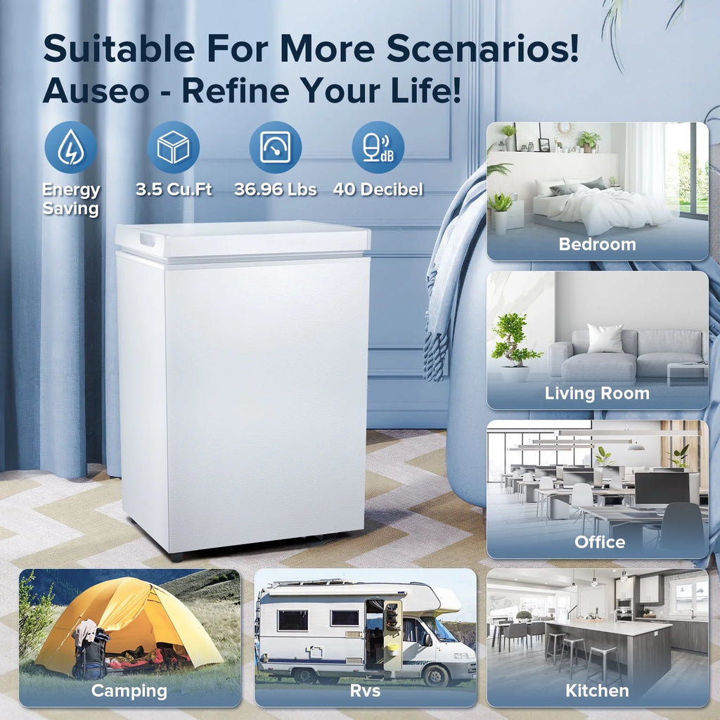 AUSEO Compact Freezer 3.5 cu ft Environmental Chest Freezer, Mini Freezer with 7 Gear Adjustable Temperature, Removable Storage Basket, Energy Saving, White