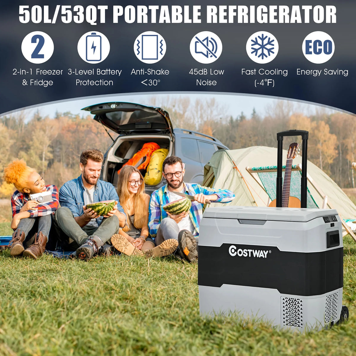 Costway 53 qt Wheeled Corded Electric Dual-Zone Portable Car Refrigerator, White