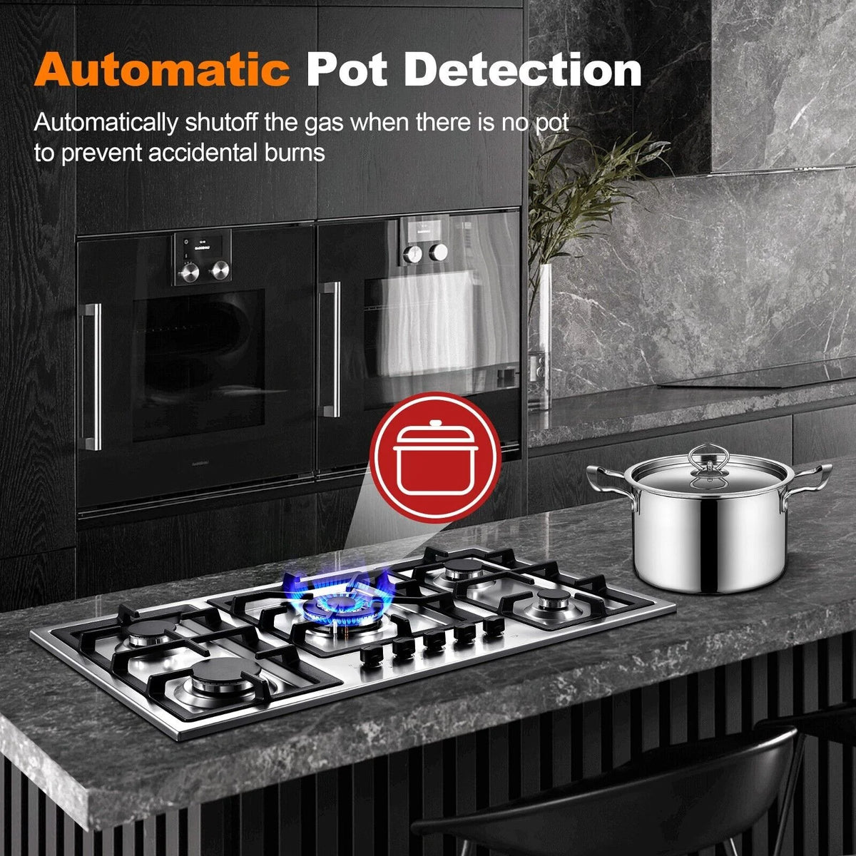 Amzgachfktch 36 Inch Gas Cooktop 5 Burner Built in Stainless with Thermocouple Protection, LPG/Natural Gas Convertible