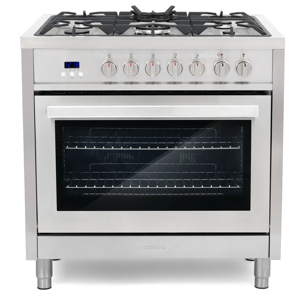 Cosmo 4 Piece Kitchen Appliance Packages with 36" Freestanding 220/240V Dual Fuel Range 36" Island Range Hood 24" Built-in Integrated Dishwasher & French Door Refrigerator Kitchen Appliance Bundles