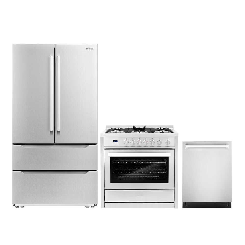Cosmo 3 Piece Kitchen Appliance Package with 36" Freestanding Dual Fuel Range Kitchen Stove 24" Built-in Fully Integrated Dishwasher & French Door Refrigerator Kitchen Appliance Bundles