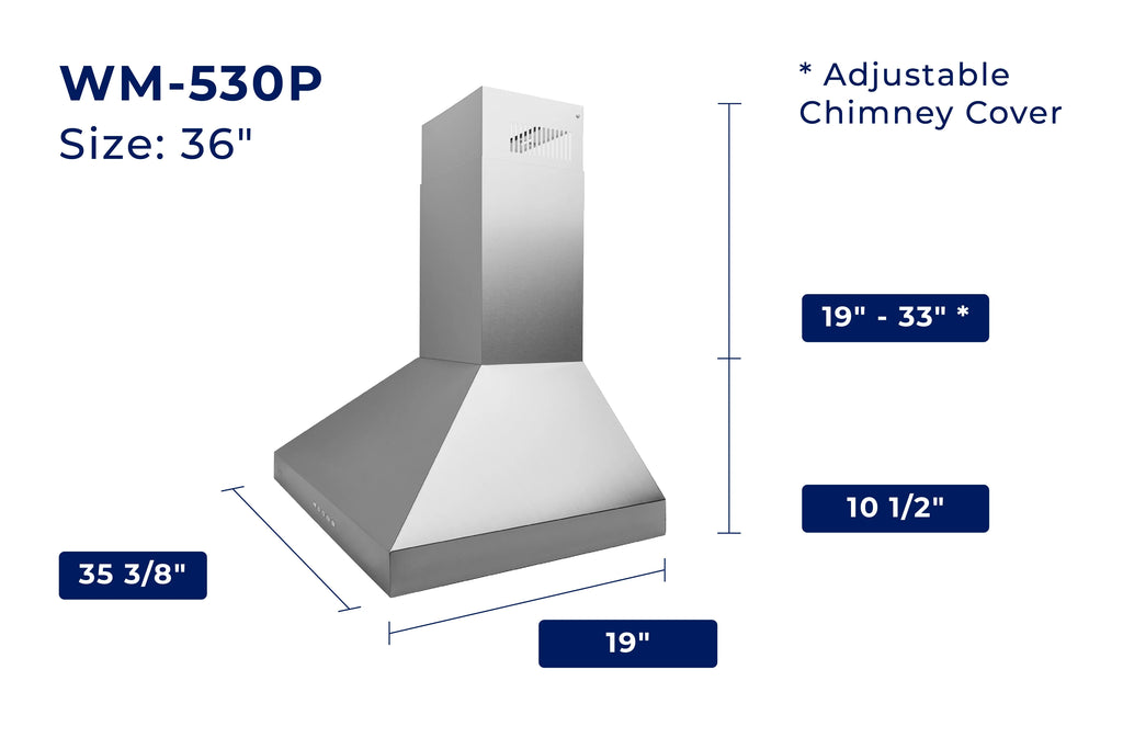 Hauslane Chef Series PRO Model WM-530 36" Wall Mount Chimney Range Hood 120 Volts Ducted or Ductless in Stainless Steel