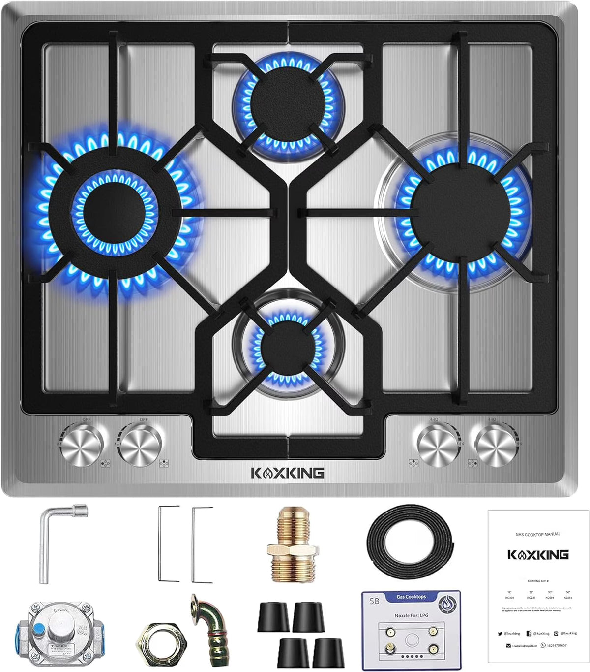 Gas Cooktop 23 inch, Adorer Bulit-in Gas Stove Top with 4 Burner, 23 Inch NG/LPG Convertible Cooktops, Four Burner Propane Cooktop with Thermocouple Protection, Stainless Steel