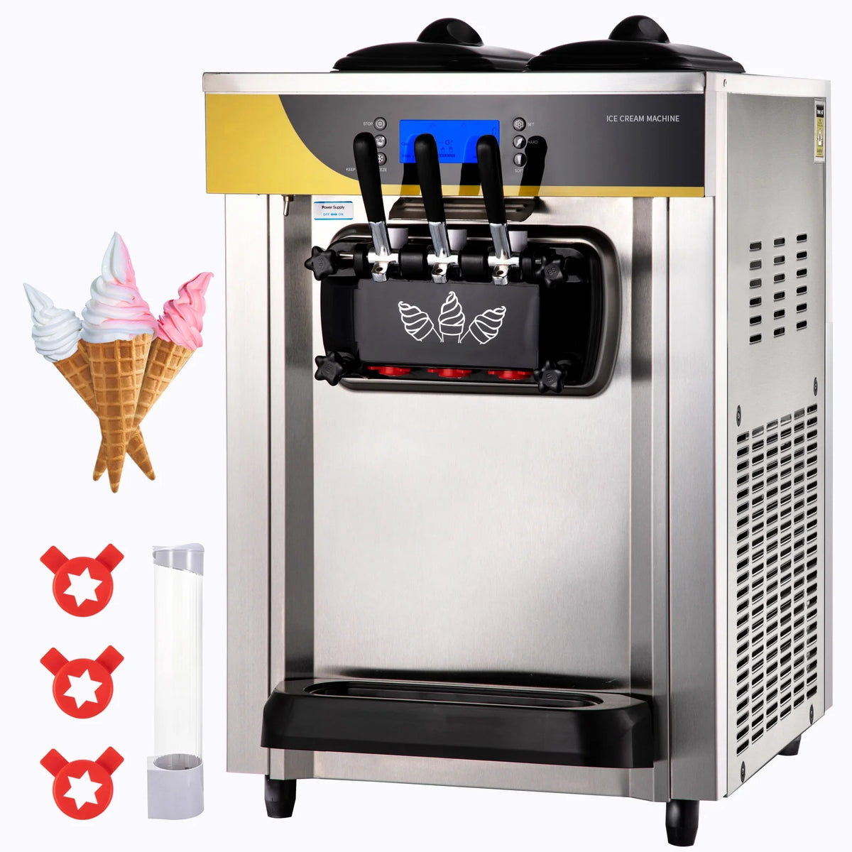 BENTISM Commercial Ice Cream Maker, 22-30L/H Yield, 2200W Countertop Soft Serve Machine w/ 2x6L Hopper 2L