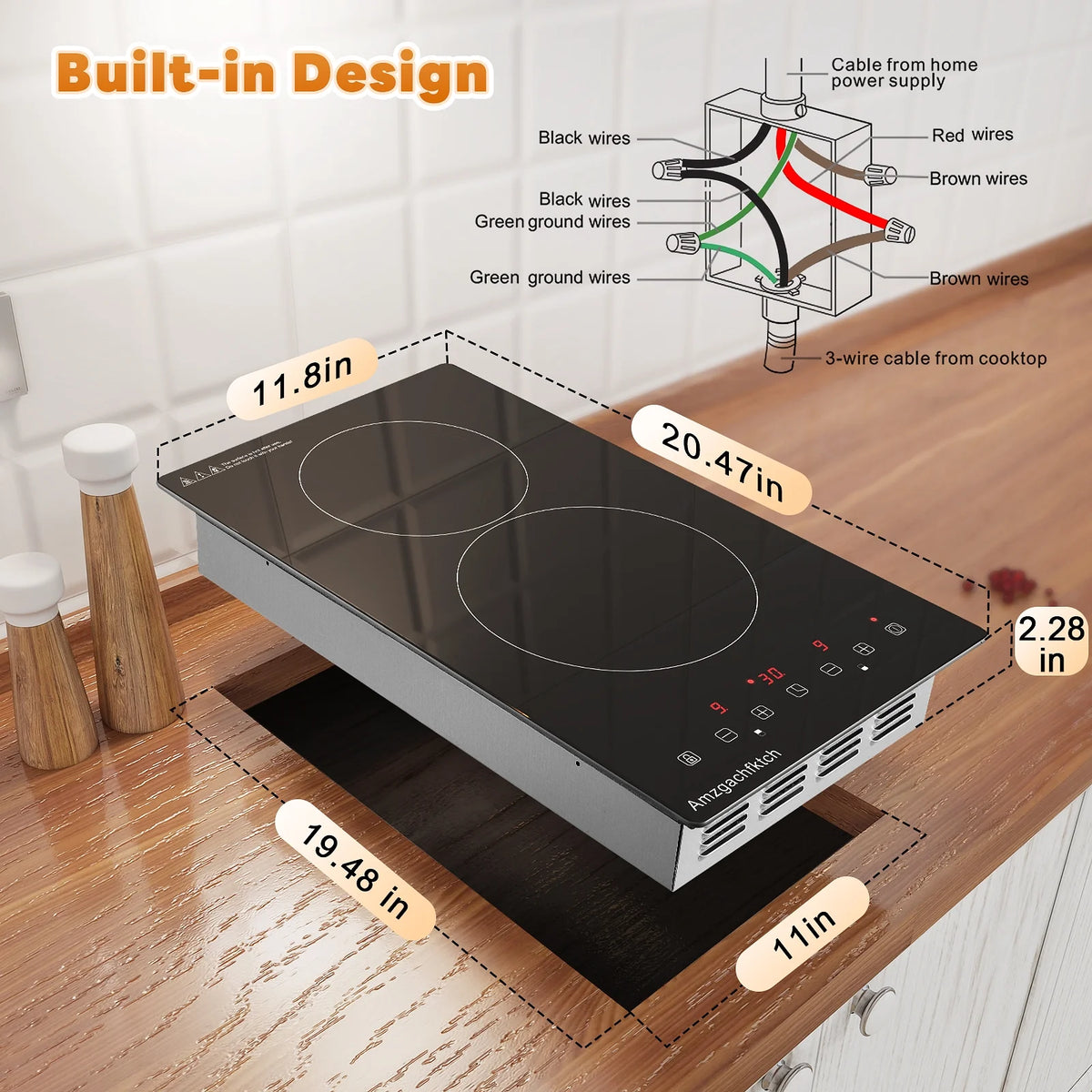 12 inch 3000W 2-Burner Built-In Ceramic Cooktop, Touch Control Radiation-Free ETL Certified