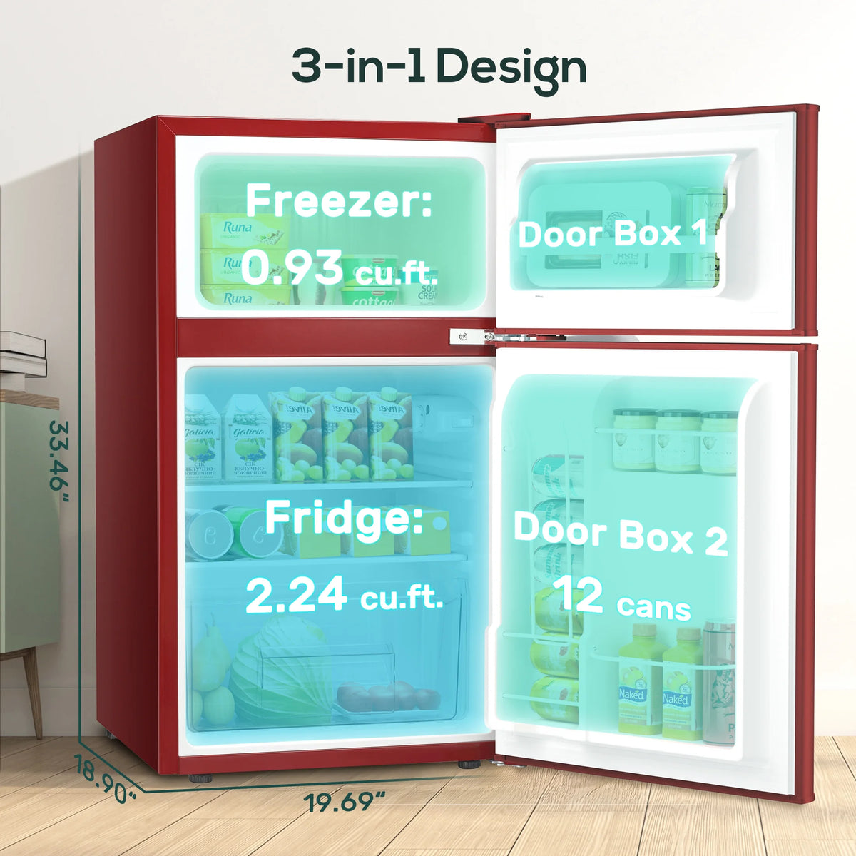 Auseo 3.1 Cu.Ft Double Door Mini Fridge with Freezer, Compact Retro Refrigerator for Dorm, Office, Bar, Bedroom, Black
