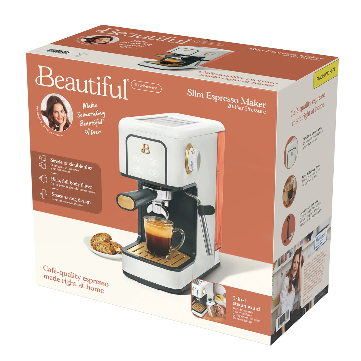 Beautiful Slim Espresso Machine with 20-Bar Pressure, Black Sesame by Drew Barrymore