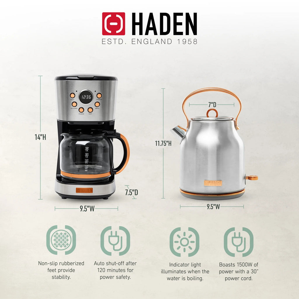 Haden Coffee Maker & Heritage 1.7 Liter Electric Kettle, Black & Chrome